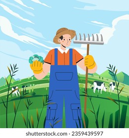 Man farmer standing while holding a straw fork and vegetable. green meadow landscape nature with cows grazing in the hills