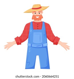 Hombre agricultor de pie. Muchacho plantando cultivos, jardinería, trabajando en la granja, haciendo comida orgánica local. Ilustración vectorial sobre fondo blanco.