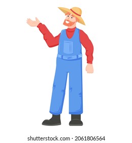 Man farmer standing. Young guy planting crops, gardening, working on farm, making local organic food. Vector illustration on white background.
