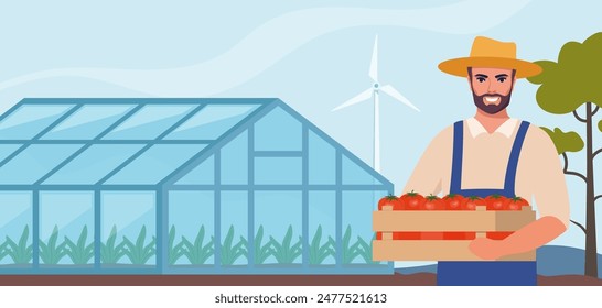 Man farmer stands near greenhouse and holding box of tomatoes in hands. Farming plant cultivation. Design for agriculture, horticulture or agronomy. Template for banner, poster, flyer.