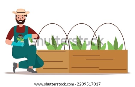 man Farmer in Straw Hat Cultivating Soil on Garden Bed Pulling Weeds Vector Illustration.