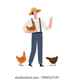 Man Farmer in Straw Hat Gathering Eggs from Hens Vector Illustration