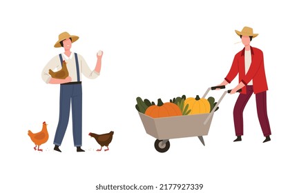 Man Farmer in Straw Hat Gathering Eggs and Pushing Wheelbarrow with Crops Vector Illustration Set