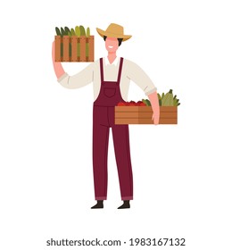 Man Farmer in Straw Hat Holding Wooden Crate with Ripe Vegetables Vector Illustration