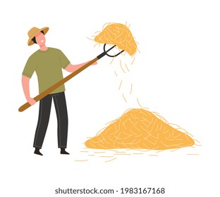 Man Farmer in Straw Hat Holding Pitchfork Gathering Hay in Stack Vector Illustration
