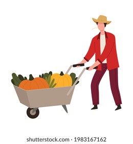 Man Farmer in Straw Hat Pushing Wheelbarrow with Ripe Vegetables Vector Illustration