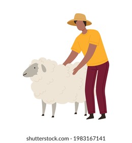 Man Farmer in Straw Hat Stroking Sheep Vector Illustration