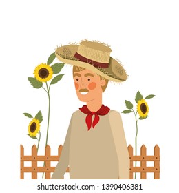man farmer with straw hat and sunflowers