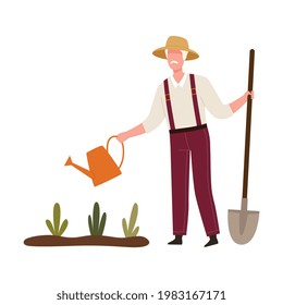 Man Farmer in Straw Hat Watering Plants on Garden Bed Vector Illustration