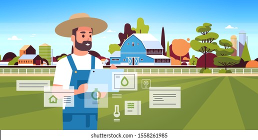 man farmer with tablet monitoring condition controlling agricultural products organization of harvesting smart farming concept farm building landscape background flat horizontal portrait vector