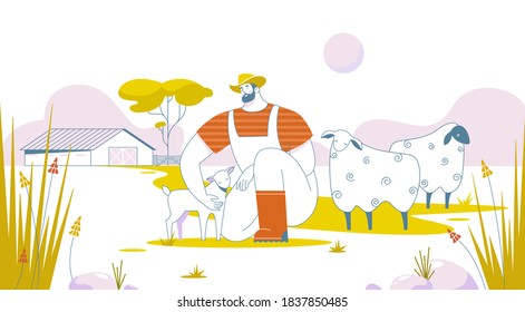 Man farmer takes care of a flock of sheep, Farm, Farming scene, Vector illustration