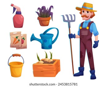 Man farmer in uniform and hat with pitchfork and gardening tools and plants. Cartoon vector set of greenhouse and agriculture elements - farm worker, flower and seed, watering can, bucket and sprayer.