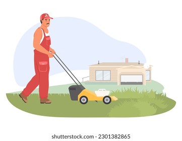 Man farmer worker character mowing grass with lawn mower vector illustration. Male farmer in overalls working on farmland trimming meadow in garden