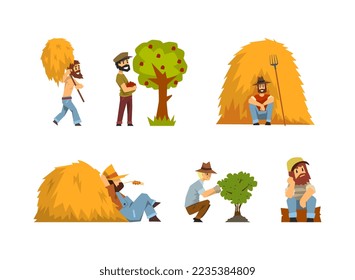 Man Farmer Working in the Field Carrying Hay with Pitchfork and Picking Fruit and Berry Vector Set