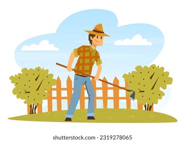 Hombre agricultor trabajando con azadón en el vectores de caricaturas de huertas o granjas