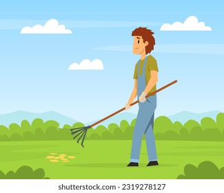 Man farmer working with rake on field cartoon vector
