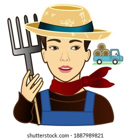 a man farmer in yellow hat holds a pitchfork in his hand, in the background a truck laden with straw rolls and hay, vector emoji in color