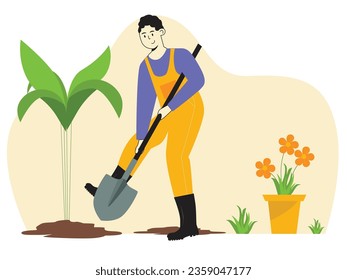 Man in farmer's clothes hoeing plants and flowers with shovel in garden, agricultural rural. Character design. Vector flat illustration