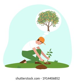 Man Farmers or Gardeners plants a tangerine sprout and dreams of fruit. A man holds in his hand a small seedling with roots. Business nurturing concept. Flat cartoon vector illustration.