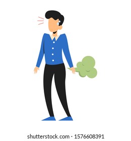 Man fart. Bad smell, person standing in shame. Funny picture, humor illustration vector isolated. Shy character.