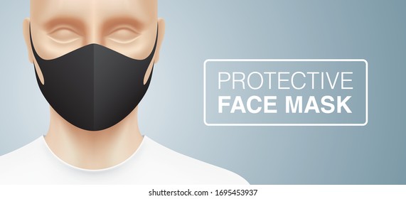 Man with a fashion black protective face mask, standing on a grey gradient background. Closeup shot of a person, with a virus protection mask on his face. Healthcare banner vector design.