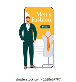 Man fashion cartoon smartphone vector app screen. Designing male outfits. Official style clothes. Mobile phone display with flat character design mockup. Fashion trends application telephone interface