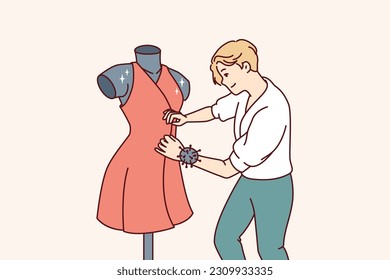 Man fashion designer sews dress fixed on mannequin preparing women outfit for Paris haute couture week. Professional fashion designer makes exclusive elegant clothes for girls to order