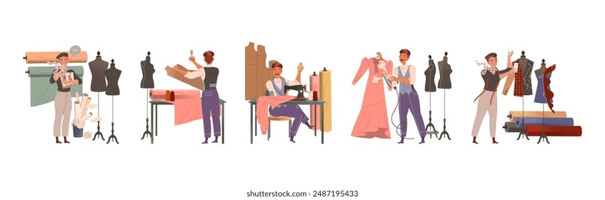 Man Fashion Designer or Tailor Engaged in Dressmaking Vector Set