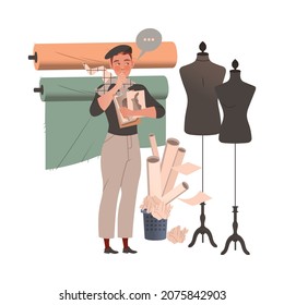 Man Fashion Designer or Tailor Holding Sketch Paper of Clothing Garment Model Standing Near Mannequin Vector Illustration.