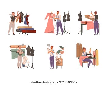 Man Fashion Designer or Tailor with Measuring Tape and Scissors Sewing and Cutting Fabric Vector Set