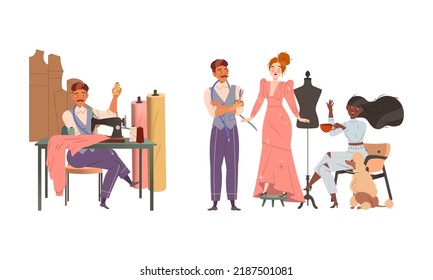 Man Fashion Designer or Tailor at Sewing Machine and Female Customer Fitting Dress Vector Set