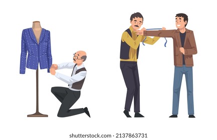 Man Fashion Designer or Tailor Taking Measurements with Tape for Clothing Garment Model Sewing Vector Set