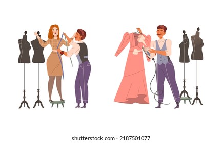 Man Fashion Designer or Tailor Taking Measurements from Woman Client and Steaming Dress Vector Set