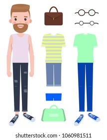 Man fashion mode constructor with various clothes on your choice. Do it yourself creator of man style with apparel and modern accessories vector set