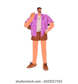 Hombre con ropa de verano de moda, vestido elegante. Joven feliz con ropa informal moderna. Caracter masculino de pie con pantalones cortos y camisetas. Ilustración vectorial plana aislada en fondo blanco