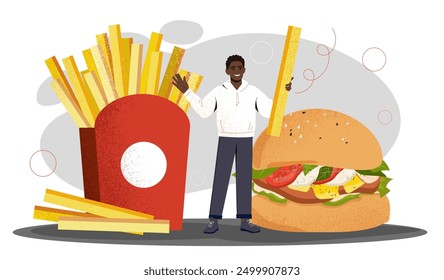 Man with fast food. Young guy stands near huge fried potatoes and burger. Person with takeaway eating. Cafeteria and street catering. Flat vector illustration isolated on white background