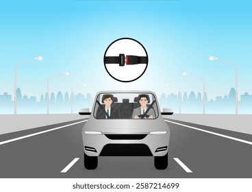 Man Fasten Seat Belt while Driving a Car. Safety First and Drive Safety Concept. 