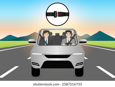 Man Fasten Seat Belt while Driving a Car. Safety First and Drive Safety Concept. 