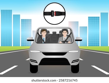 Man Fasten Seat Belt while Driving a Car. Safety First and Drive Safety Concept. 