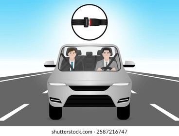 Man Fasten Seat Belt while Driving a Car. Safety First and Drive Safety Concept. 