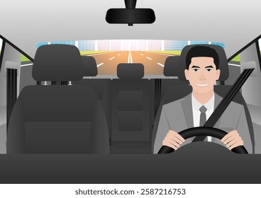 Man Fasten Seat Belt while Driving a Car. Safety First and Drive Safety Concept. 