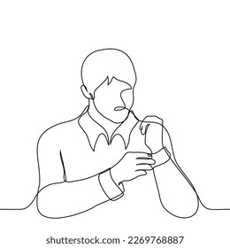 man fastening a button on his shirt cuff - one line drawing vector. concept formal dress code