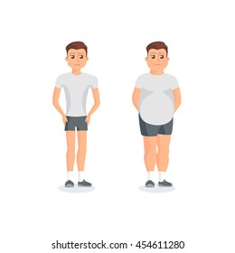 Man with fat abdomen and athletic man. Vector colorful illustration in flat style.