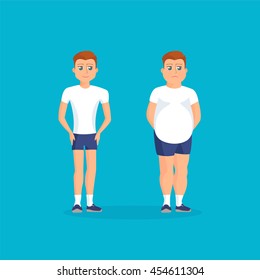 Man with fat abdomen and athletic man. Vector colorful illustration in flat style.