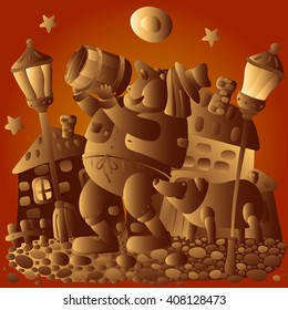 Man fat content and is drinking from a barrel.
He returns home from the pub with his pig. Night and houses in country style.