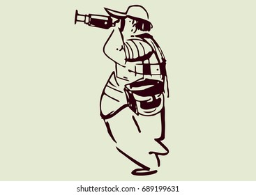 Man of a fat physique in a cap on his head and a movie camera in his hands produces photographs. Drawn illustration, sketch.