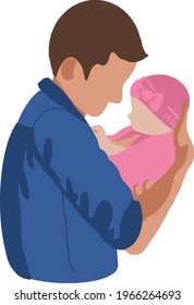 Man Father in Blue Shirt Holding Little Baby Daughter Girl in Pink