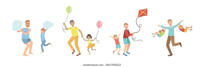 Man Father and Kid Spend Good Time Together Vector Set
