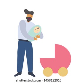 Man father with a newborn baby  and pram. Isolated on white background. Pregnancy and parenthood concept illustrations. LGBT parenting. Adoption. App, website or Web Page. Vector illustration.