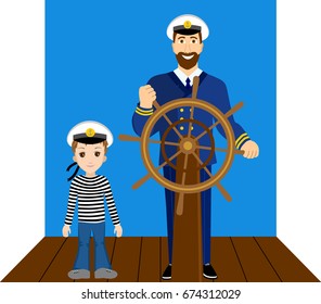 A man father sailor with a boy, son little helper in family look marine clothes uniform suit and striped shirt and forage cap. Standing next to steering wheel on the deck of a ship cartoon characters.